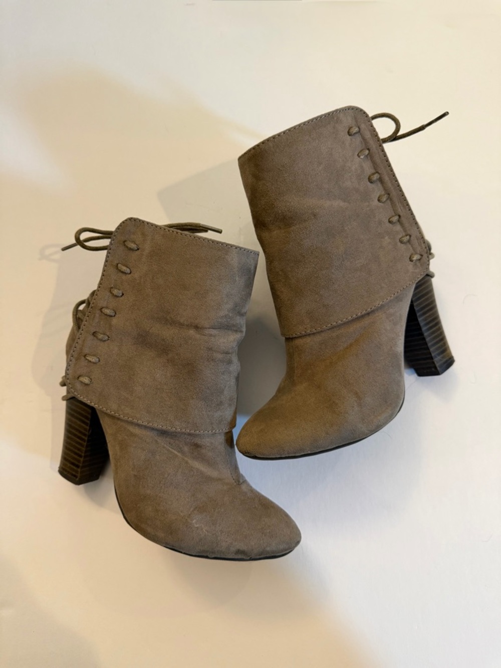 Qupid Taupe Suede Fold-Over Ankle Booties